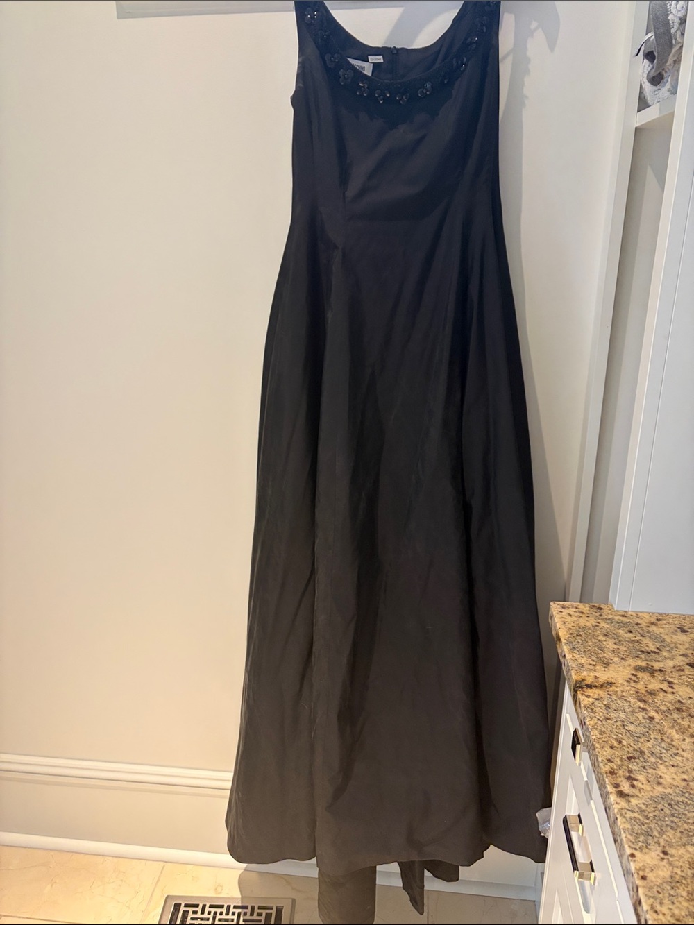 Moschino Black Maxi Dress with Beaded Neckline. Taffeta, likely silk.